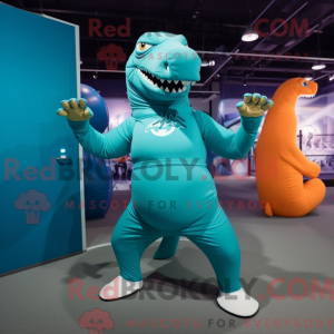 Turquoise T Rex mascot...