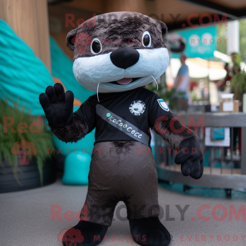 Black Otter mascot costume character dressed with a Leggings and Bracelets Mascot Costumes Redbrokoly