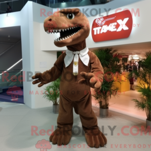 Hnědá postava maskota T Rex...