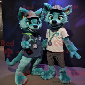 Teal Hyena mascot costume...