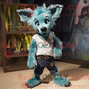 Teal Hyena mascot costume...