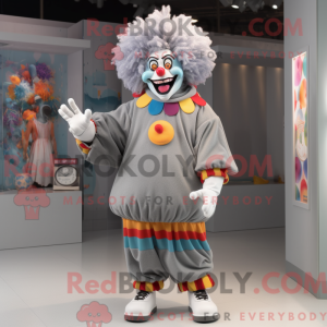 Grå klovnemaskotdraktfigur...