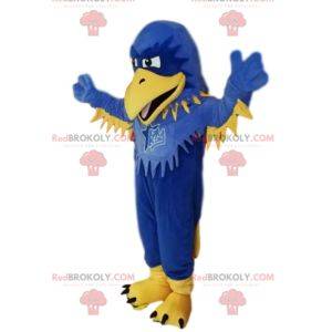 Mascot blauwe en gele adelaar, met ruches. Adelaar kostuum