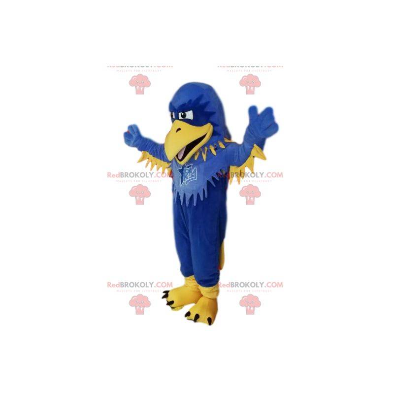 Mascot blauwe en gele adelaar, met ruches. Adelaar kostuum