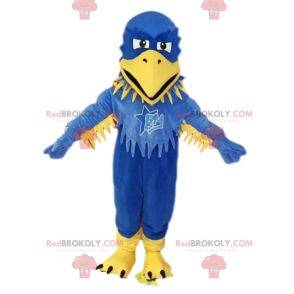 Mascot blauwe en gele adelaar, met ruches. Adelaar kostuum