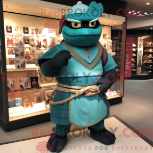 Teal Samurai mascot costume...