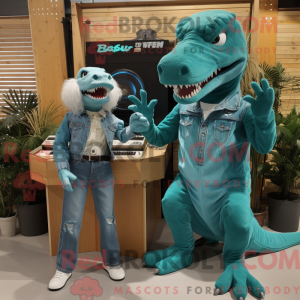 Teal T Rex maskot kostume...