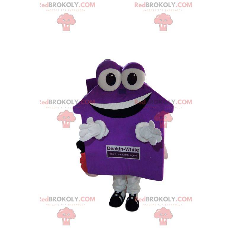 Zeer glimlachende mauve huismascotte. Huis pak
