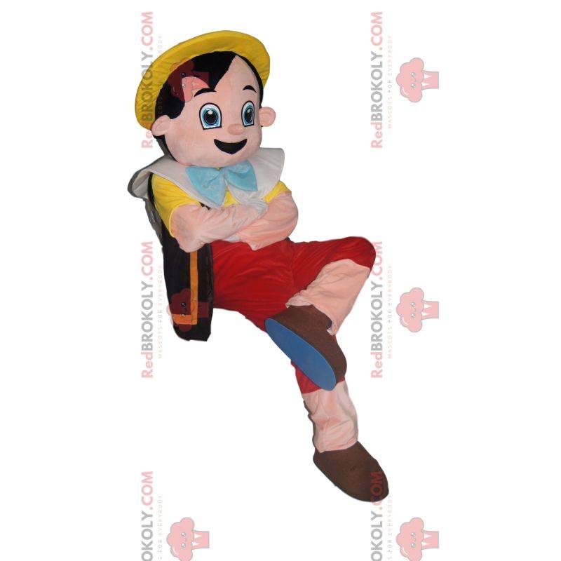 Mascot Pinocchio met zijn gele hoed. Pinokkio kostuum
