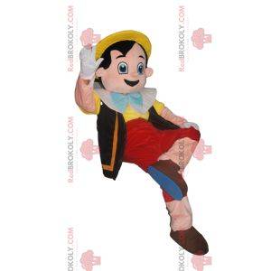 Mascot Pinocchio met zijn gele hoed. Pinokkio kostuum