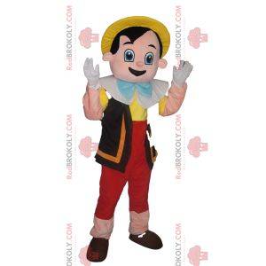 Mascot Pinocchio met zijn gele hoed. Pinokkio kostuum