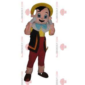Mascot Pinocchio met zijn gele hoed. Pinokkio kostuum