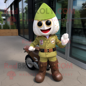 Olive Ice Cream Cone mascot costume character dressed with a Moto Jacket and Caps
