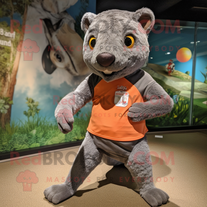 Gray Jaguarundi mascot costume character dressed with a Shorts and Foot pads