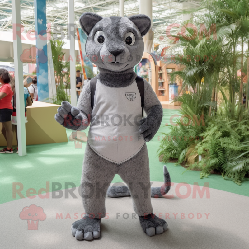 Gray Jaguarundi mascot costume character dressed with a Shorts and Foot pads