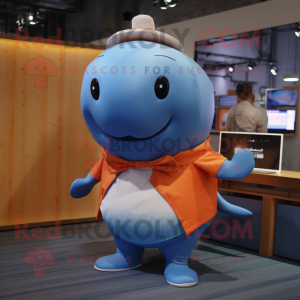 Orange Blue Whale mascot costume character dressed with a Poplin Shirt and Hairpins