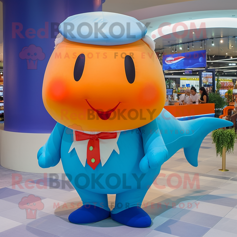 Orange Blue Whale mascot costume character dressed with a Poplin Shirt and Hairpins