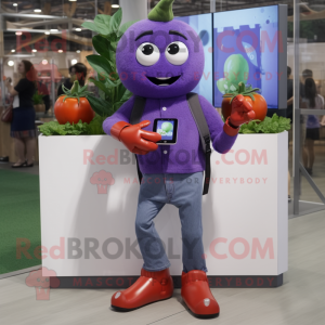 Purple Tomato mascot costume character dressed with a Bootcut Jeans and Smartwatches