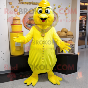 Lemon Yellow Tandoori Chicken mascot costume character dressed with a Turtleneck and Keychains