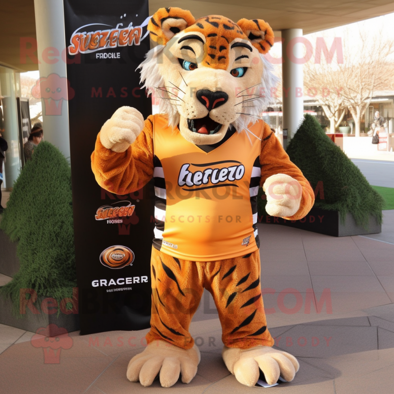 Rust Saber-Toothed Tiger mascot costume character dressed with a Rugby Shirt and Scarf clips