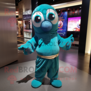 Teal Gyro mascot costume character dressed with a Jumpsuit and Shawl pins