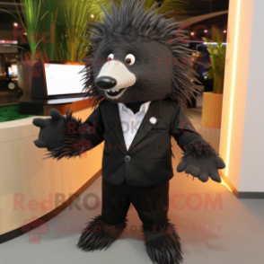 Black Porcupine mascot costume character dressed with a Suit Jacket and Brooches