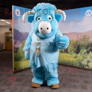 Sky Blue Buffalo mascot costume character dressed with a Shift Dress and Wraps