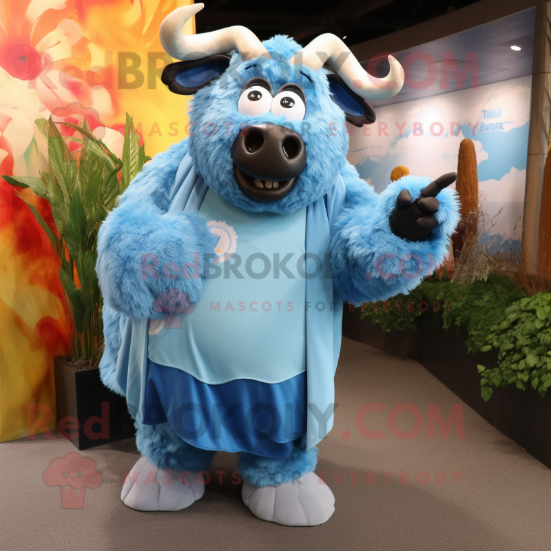 Sky Blue Buffalo mascot costume character dressed with a Shift Dress and  Wraps