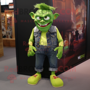 Lime Green Vampire mascot costume character dressed with a Denim Shorts and Shoe laces