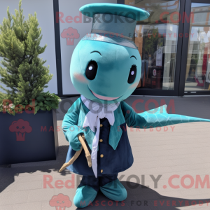Teal Narwhal mascot costume...