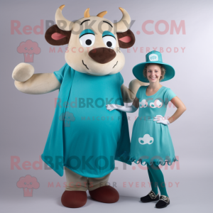 Teal Beef Stroganoff mascot costume character dressed with a Mini Dress and Rings