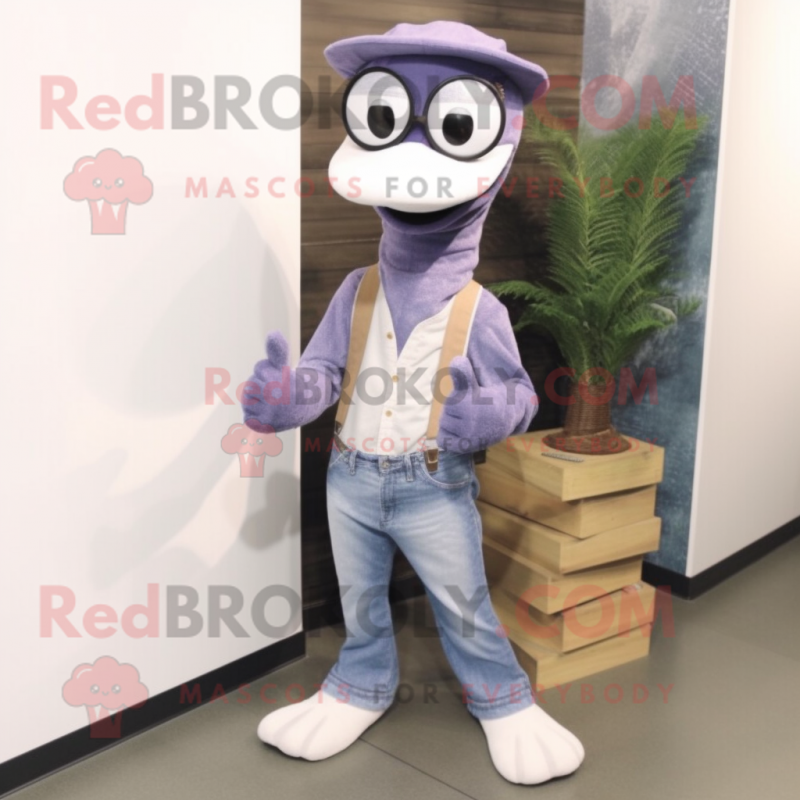 Lavender Python mascot costume character dressed with a Bootcut Jeans and Eyeglasses