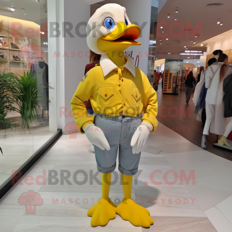 Lemon Yellow Muscovy Duck mascot costume character dressed with a Jeggings and Suspenders