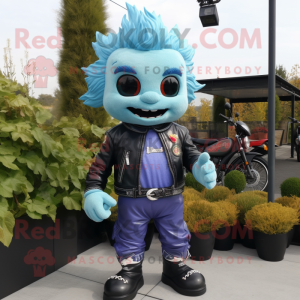 Sky Blue Grape mascot costume character dressed with a Biker Jacket and Pocket squares