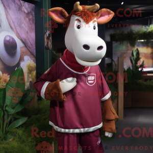 Maroon Guernsey Cow mascot...