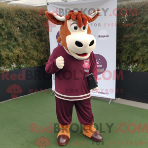 Maroon Guernsey Cow mascot...