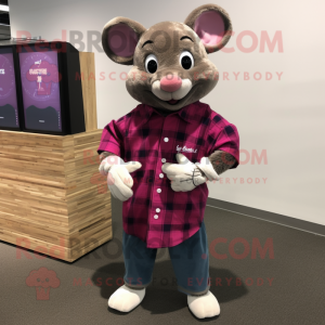 Magenta Mouse mascot costume character dressed with a Flannel Shirt and Bracelet watches