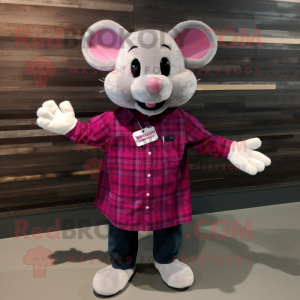 Magenta Mouse mascot costume character dressed with a Flannel Shirt and Bracelet watches