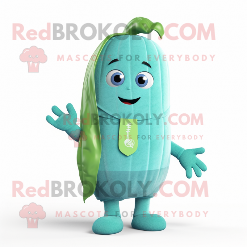 Cyan Zucchini mascot costume character dressed with a Sweater and Cummerbunds