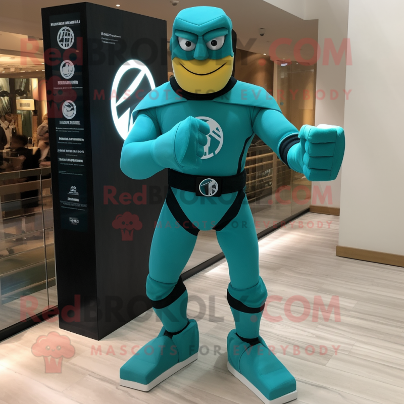 Teal Superhero mascot costume character dressed with a Shorts and Bracelet  watches