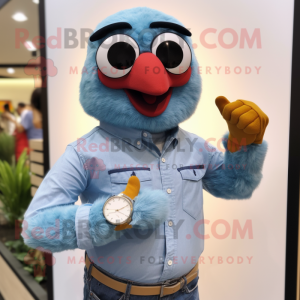 Sky Blue Tandoori Chicken mascot costume character dressed with a Chambray Shirt and Bracelet watches