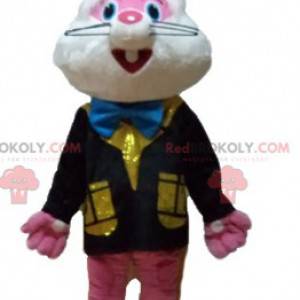 Roze en wit konijn mascotte met een kleurrijk vest -