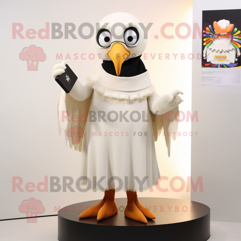 Cream Crow mascot costume character dressed with a A-Line Skirt and Wraps