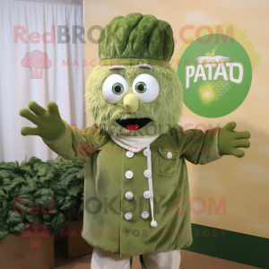 Green Pesto Pasta mascot costume character dressed with a Parka and Brooches