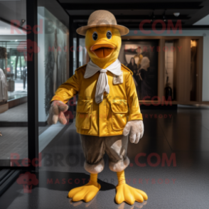 Gold Goose mascot costume character dressed with a Corduroy Pants and Hats