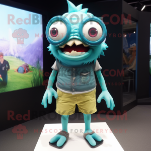 Cyan Piranha mascot costume character dressed with a Shorts and Eyeglasses