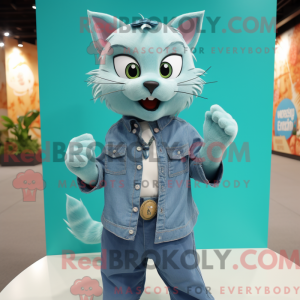 Teal Cat mascot costume...
