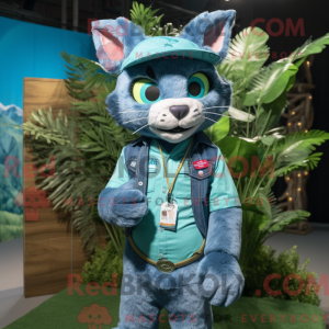 Teal Cat mascot costume...