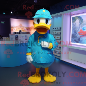 Cyan Duck mascot costume...