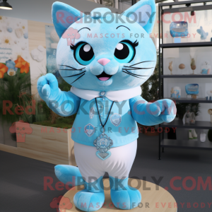 Sky Blue Cat mascot costume...